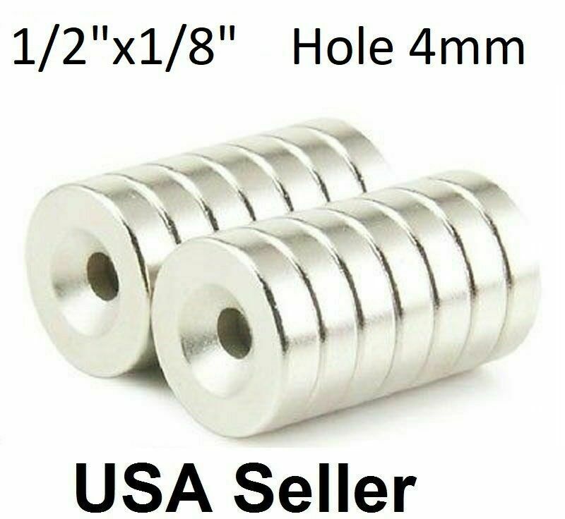 25 50 100 Strong Countersunk Ring Magnets 1/2"x1/8 Rare Earth Neodymium 4mm Hole