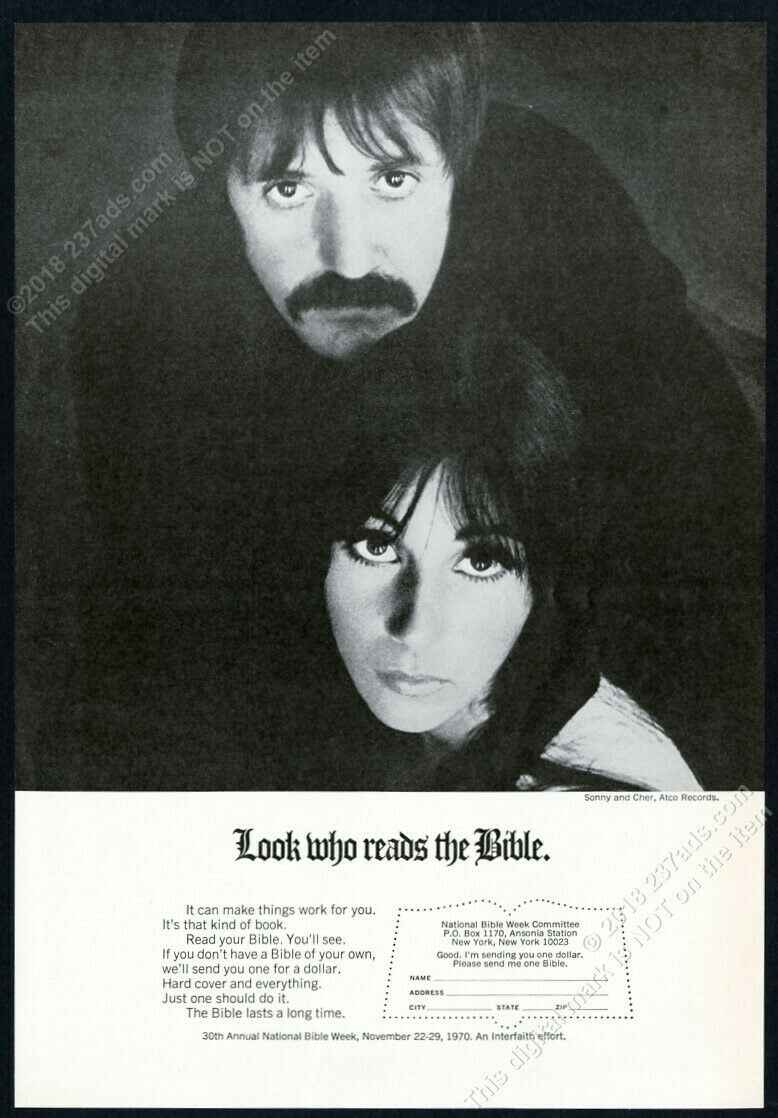 1970 Sonny & Cher Photo National Bible Week Vintage Print Ad