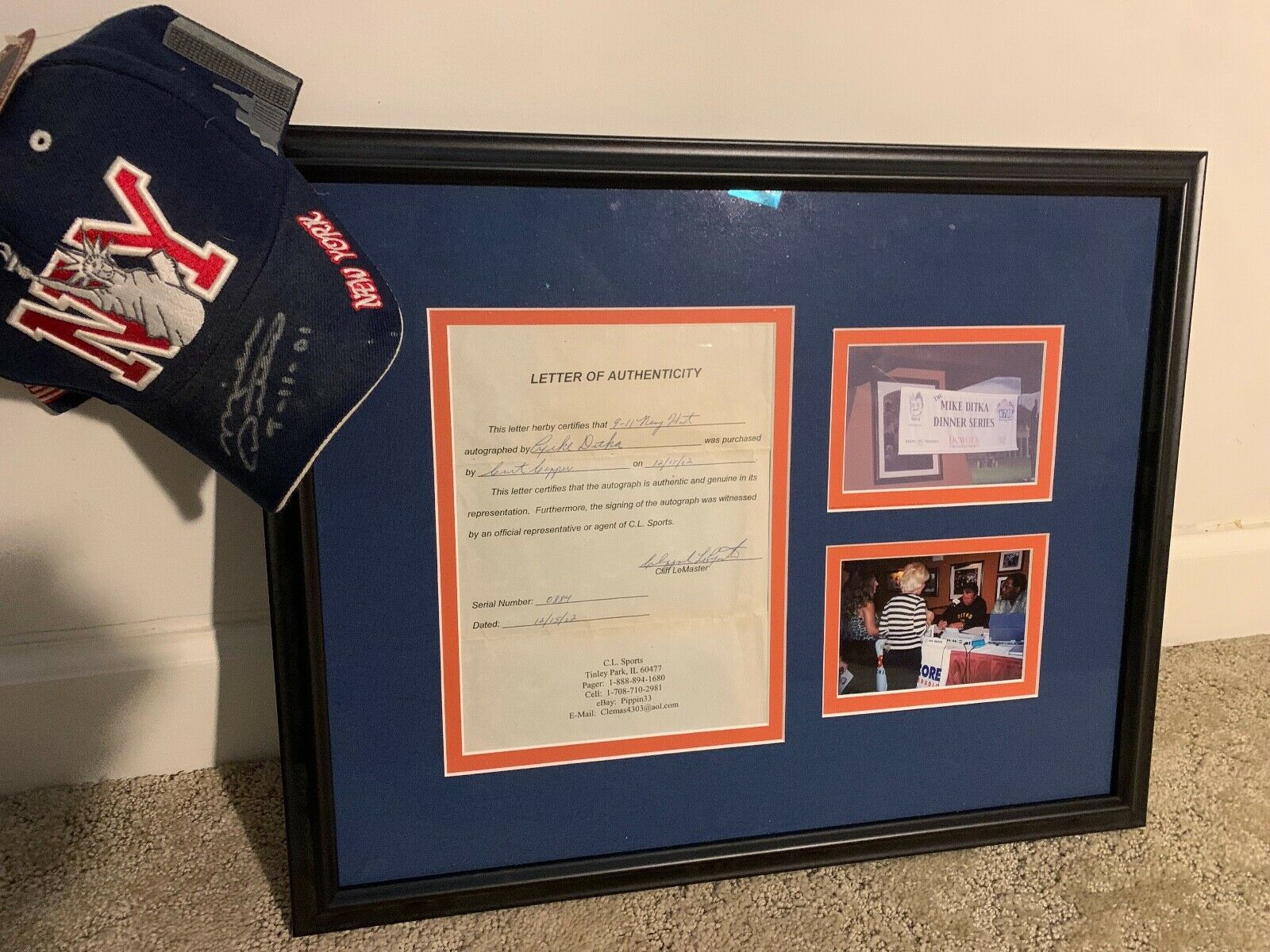 9/11 Signed Mike Ditka Hat With Framed Coa And Pictures