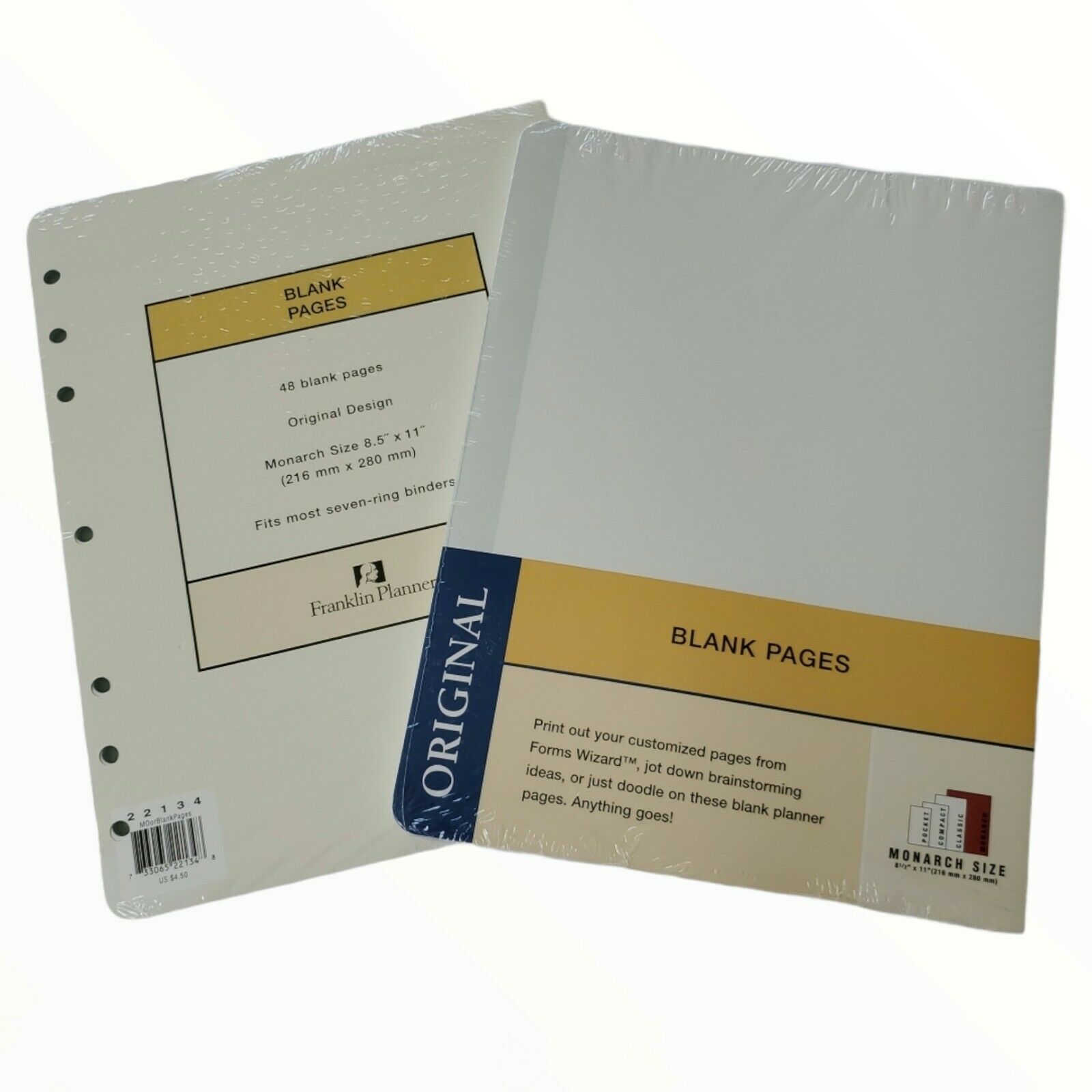 Franklin Planner Monarch Size Blank Pages, For 7 Ring Binders, Lot Of 2