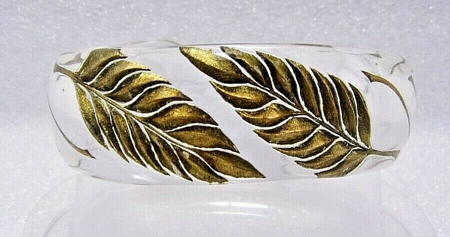 Vintage Signed Ac Cuff Bracelet Reverse Carved Painted Lucite Fern Leaves
