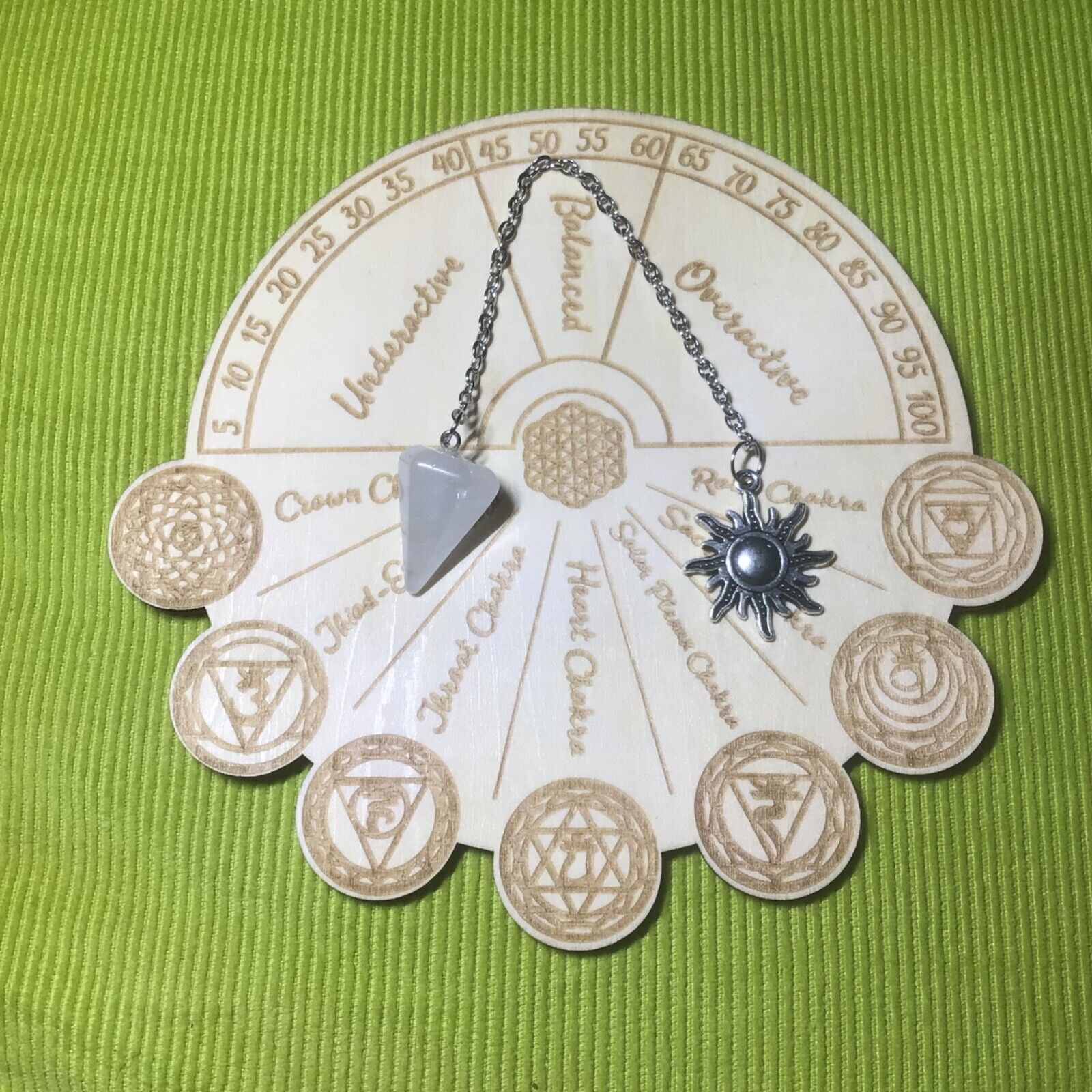 Crystal Pendulum Dowsing Wood Altar Plate Chart Board Chakra Healing Gift Set