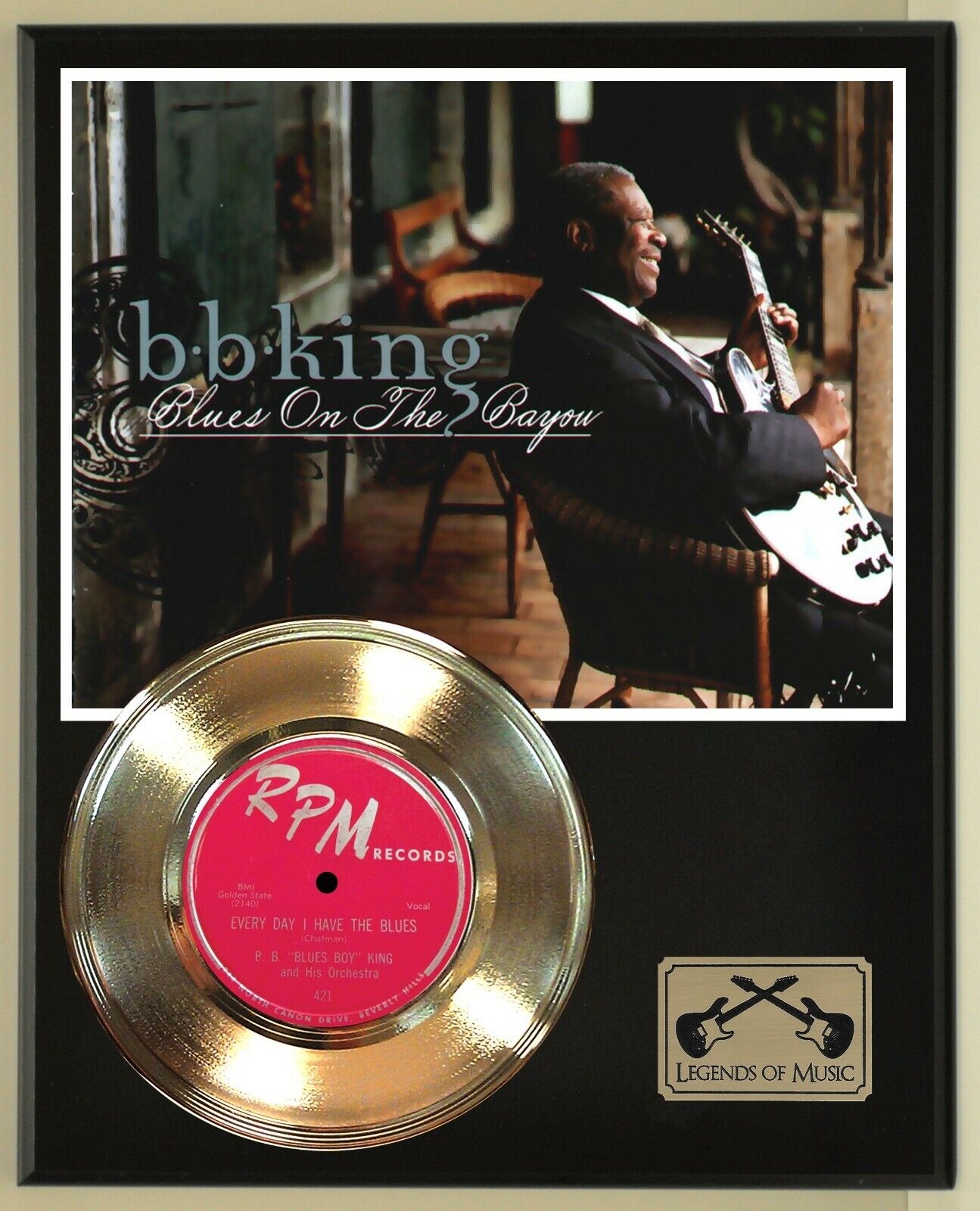 BB King 45 Gold Plated Record Display on an Open Air Wood Plaque. 02
