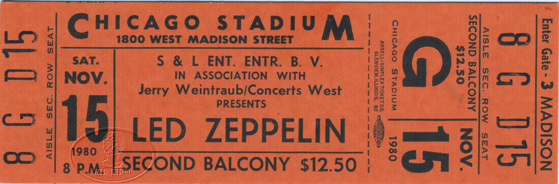 Led Zeppelin 1980 Unused Concert Ticket John Bonham