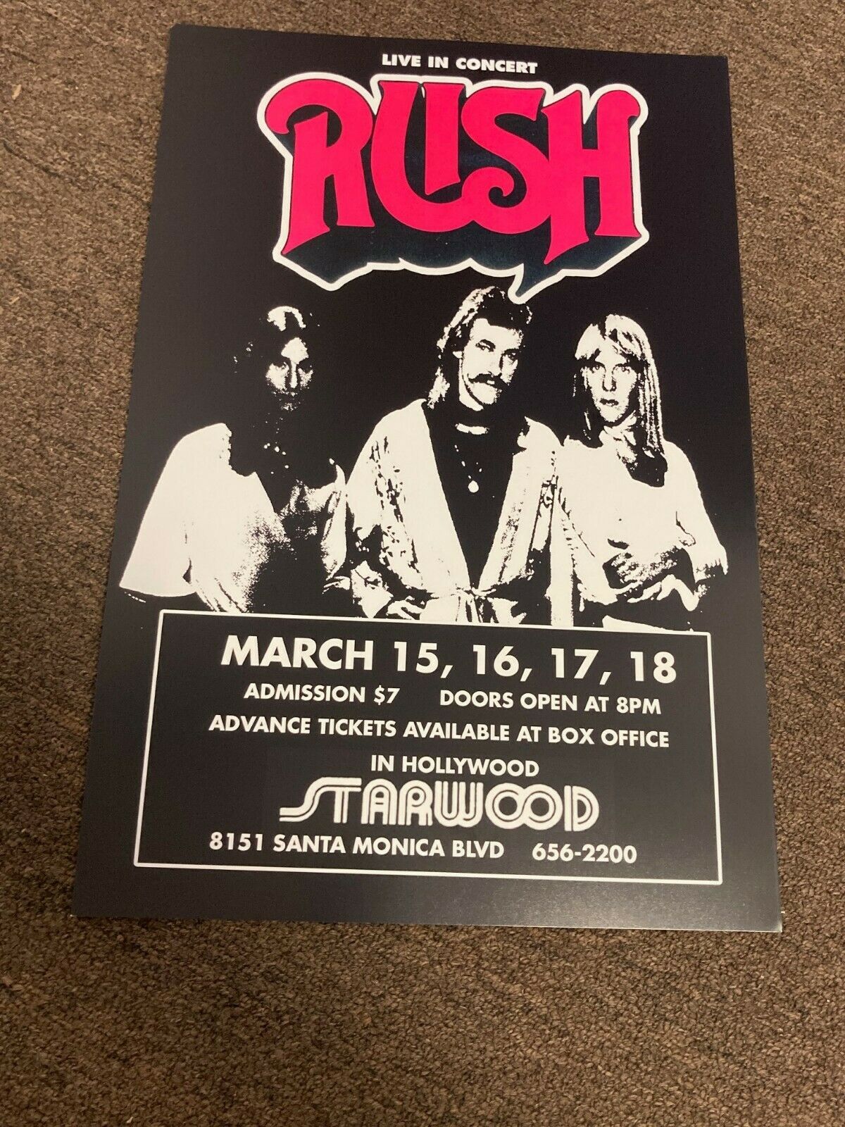 Rush 1977 Hollywood Ca Neil Peart Cardstock Concert Poster 12" X 18"