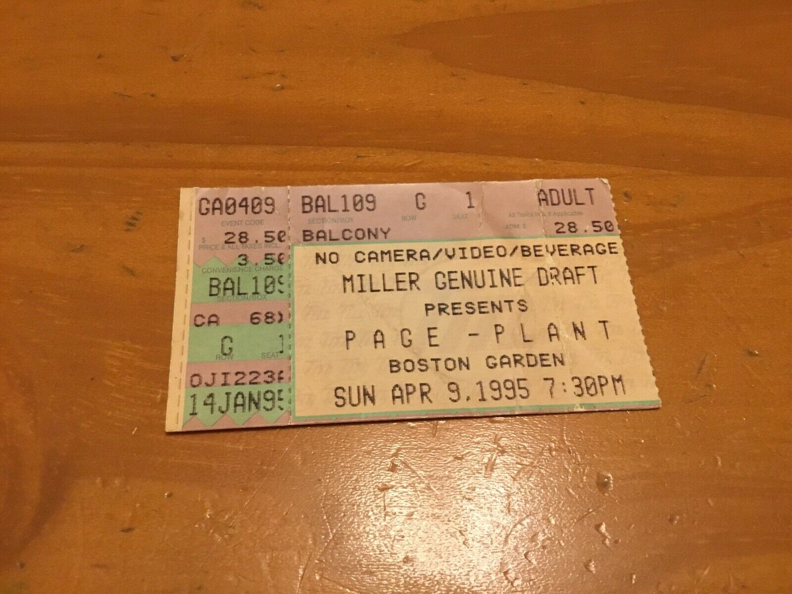 Page Plant Ticket Stub April 9 1995 Boston Garden MA Led Zeppelin Jimmy Robert