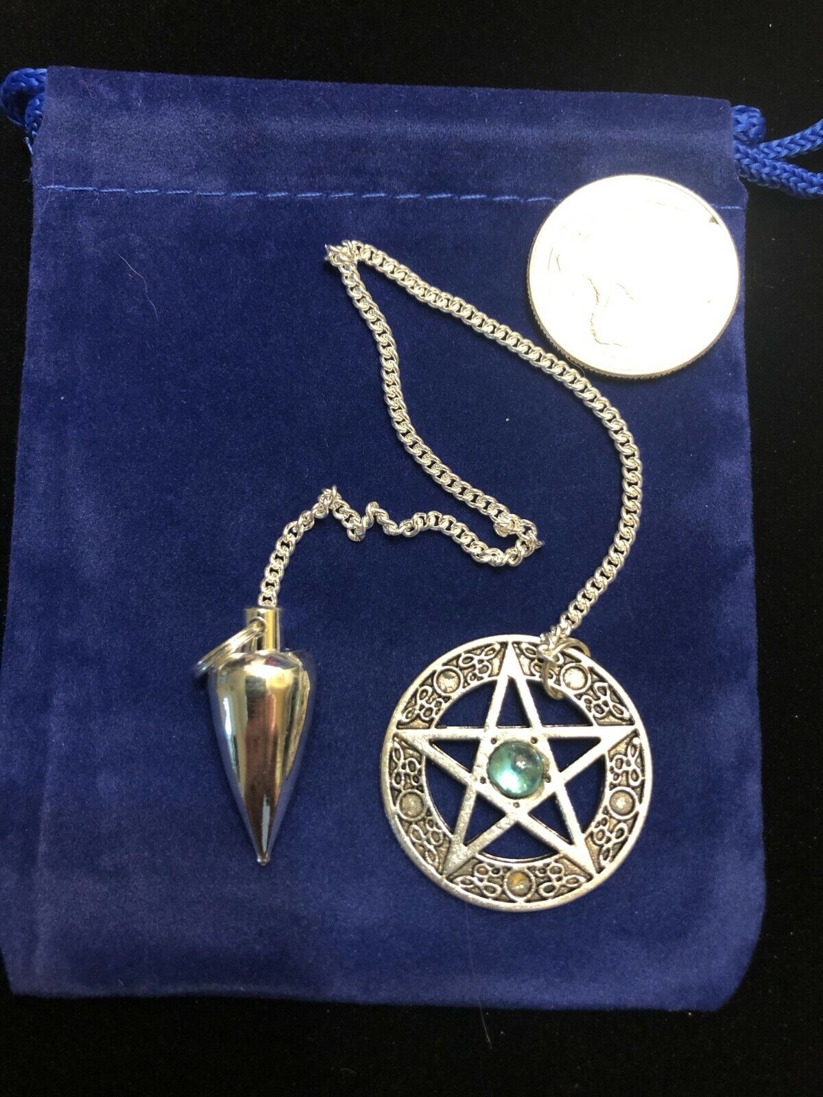 Metal Pentagram Pendulum Blue Crystal Wicca Pagan Metaphysical 01