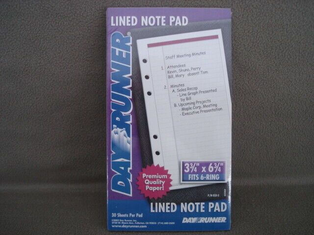 Organizer Refill Dayrunner Lined Note Pad New  Item Number P/n 033-300