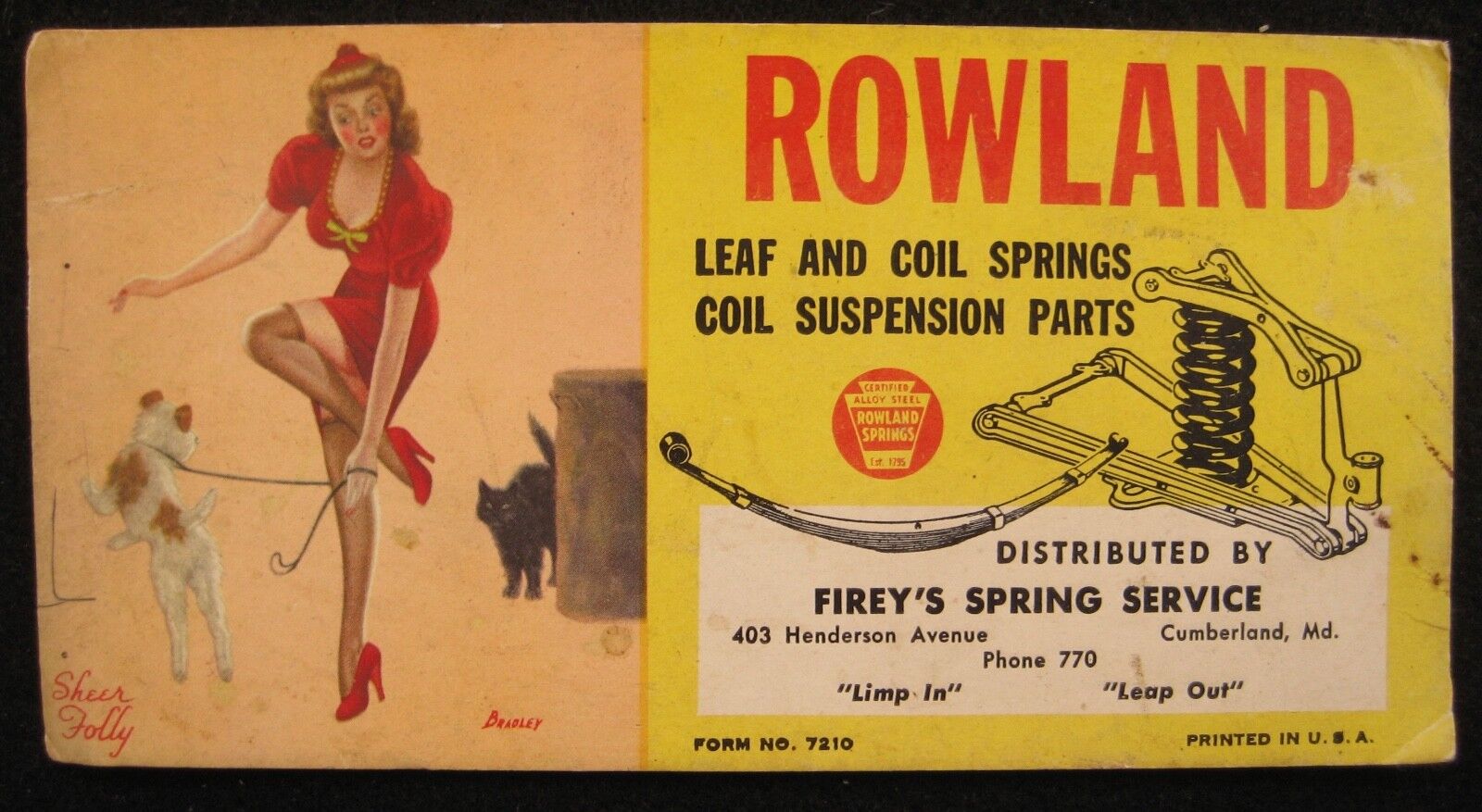 Vintage Rowland Leaf & Coil Springs Blotter Ad Bradley Girl Cumberland Maryland