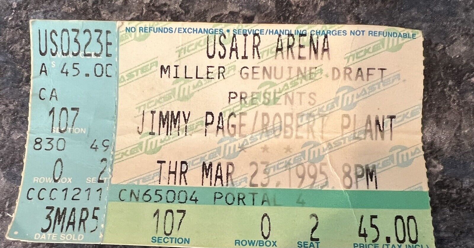 Jimmy Page and Robert Plant ticket stub 1995 tour
