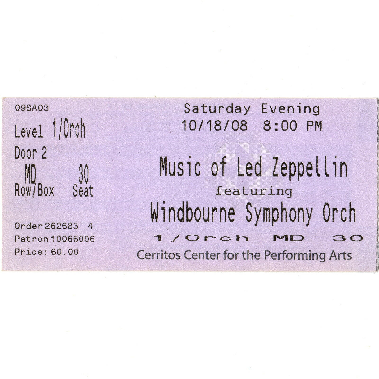 LED ZEPPELIN by WINDBOURNE Concert Ticket Stub 10/18/08 CERRITOS CALIFORNIA Rare