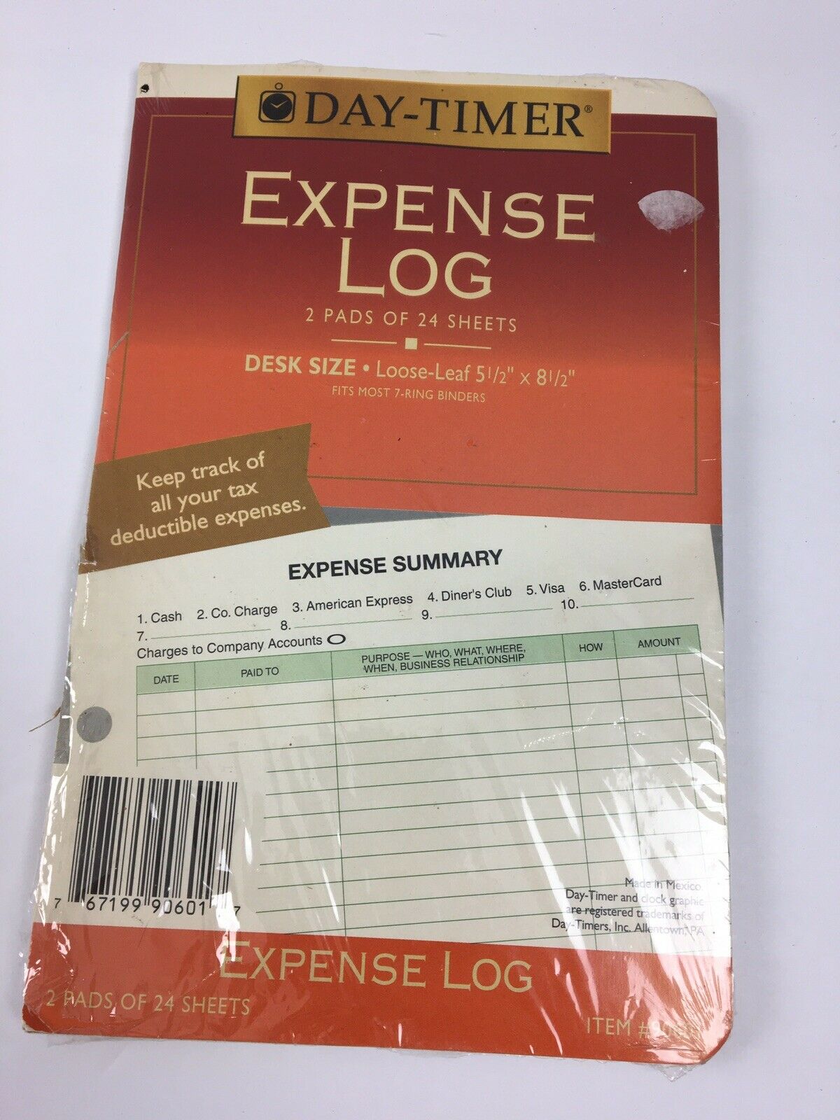 Day-timer Expense Log 5.5" X 8.5" 90601 2 Pads Of 24 Sheets 7 Ring