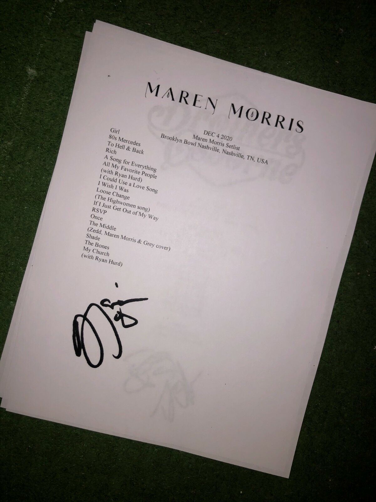 Maren Morris Signed Setlist Reproduction