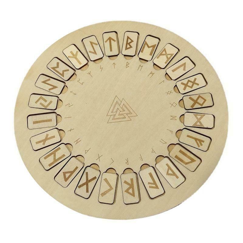Wooden Runes Divination Engraved Board Wiccan Symbols Signs Altar Round Tile