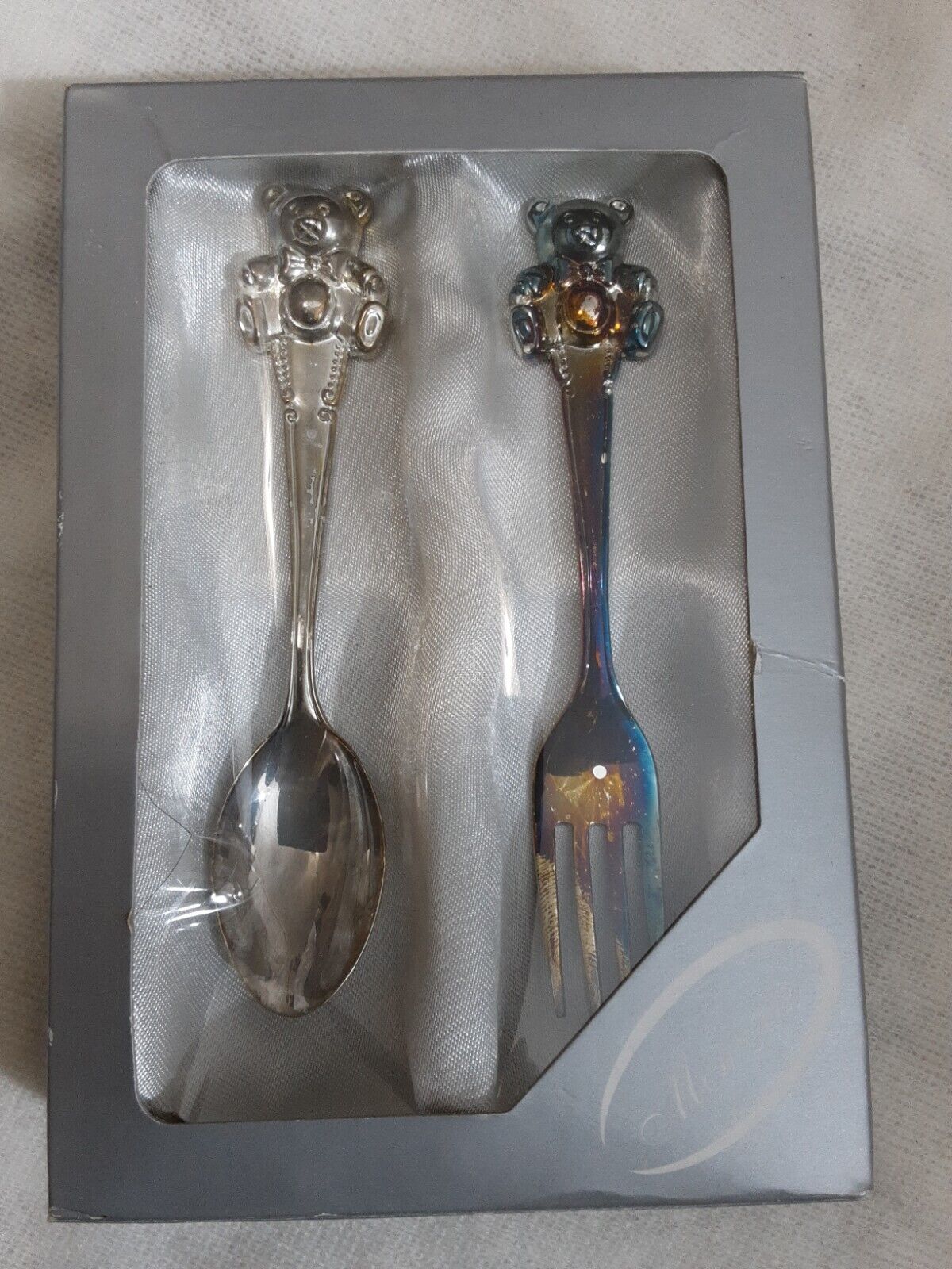 Baby Spoon And Fork  Ornamental Gift Set Silverplate Teddy Bear  Tiny Treasures