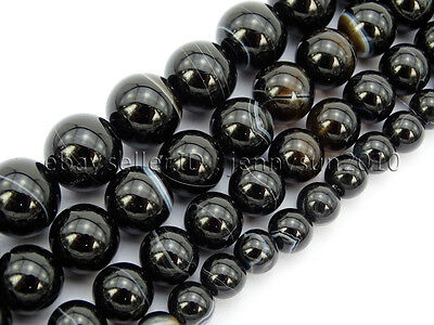 Natural Black with Stripe Onyx Gemstones Round Beads 15.5'' 8mm 10mm 12mm 14mm