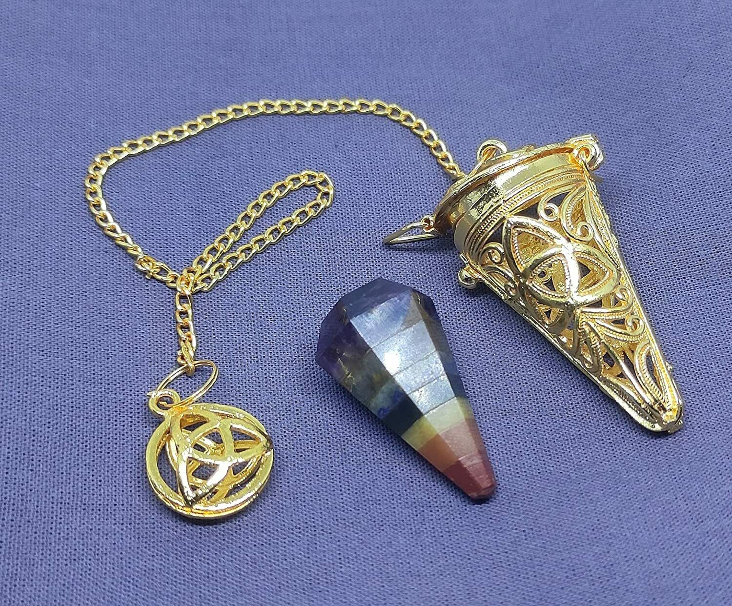 Seven Chakra Stone Pendulum Golden Plated Metal In Cage Divination Dowsing