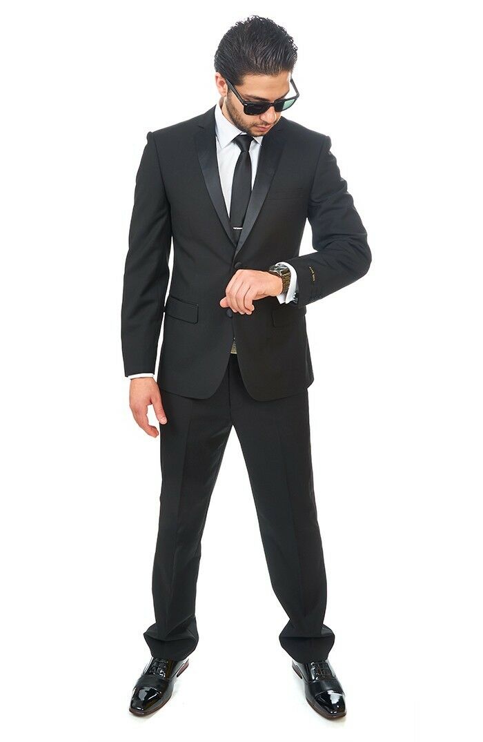 Slim Fit Azar Man Black Tuxedo 2 Button Satin Notch Lapel Flat Front Pants New
